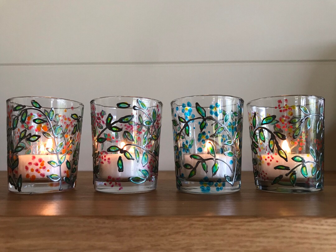 Hand Painted Glass Tea Light Holder 4 Designs . Includes Etsy UK