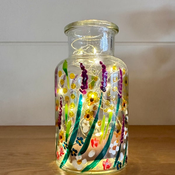 Hand painted meadow flower small glass vase, available with lights, perfect gift