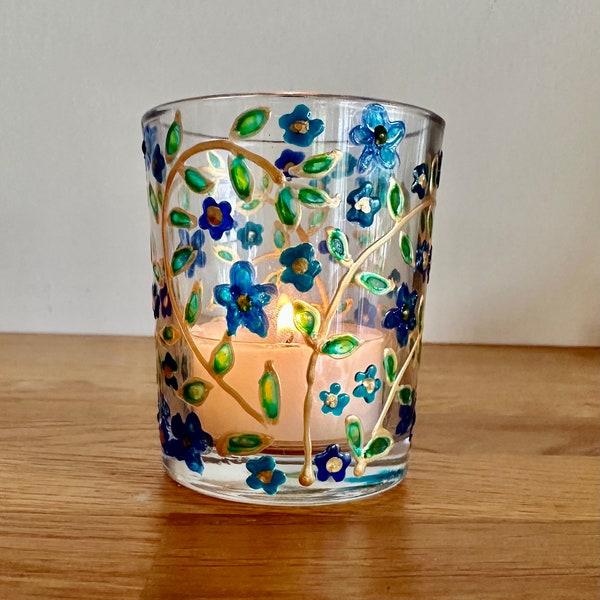 Hand painted glass tea light holder, Ditsy blue flowers ,Holder and candle, perfect gift,gift wrapped with ribbon ,teacher gift