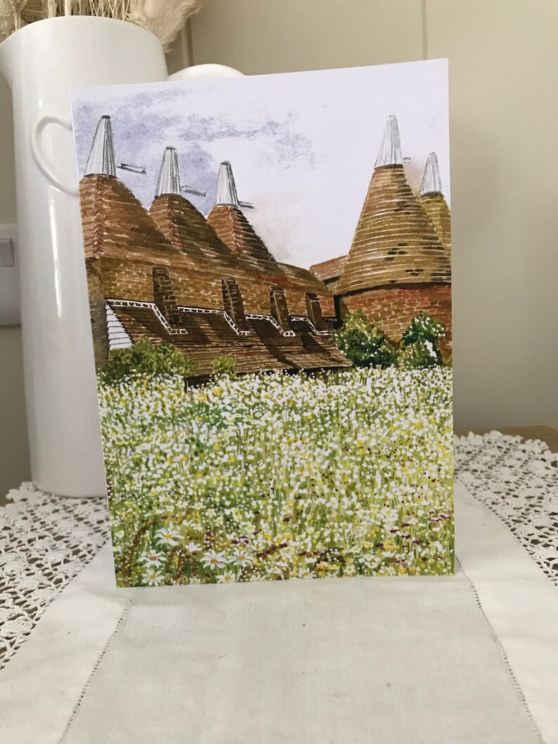 Sissinghurst castle gardens,Oast houses, blank greetings card,A5,by Sally Kirk image 1