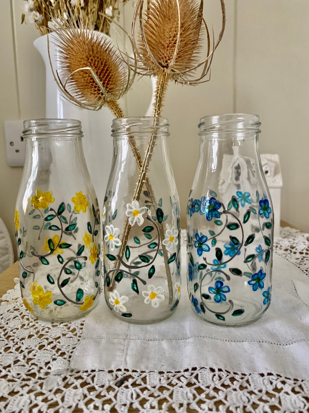 Hand Painted Glass Milk Bottle, Milk Bottle Vase, Filigree Design