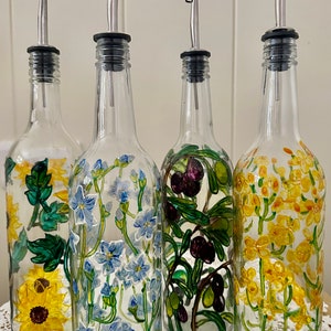 Hand painted bottle ,linseed flower design ,oil bottle , painted bottle with drizzler ,linseed oil /vinegar,perfect gift