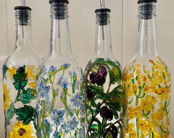 Hand painted bottle ,linseed flower design ,oil bottle , painted bottle with drizzler ,linseed oil /vinegar,perfect gift