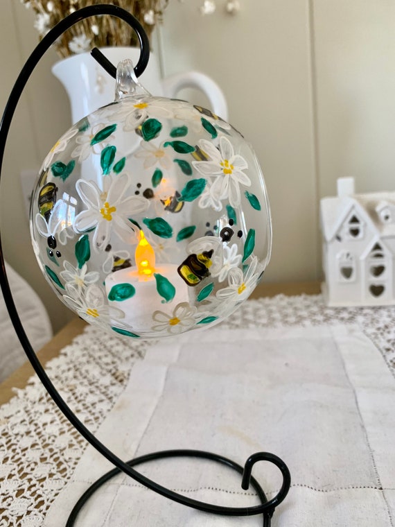 Hand Painted Hanging Glass Tea Light Holder daisy and Bumble Bee