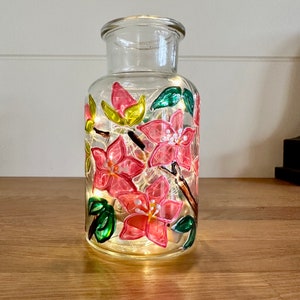 Hand painted cherry blossom small glass vase, available with lights, perfect gift