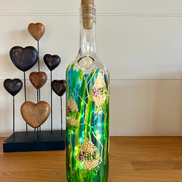 Hand painted bottle ,Teasel , bottle with lights ,perfect gift