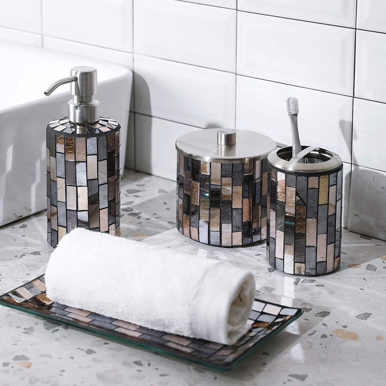 4PC Black&Gold Mosaic Glass Bathroom Accessories Set with Etsy