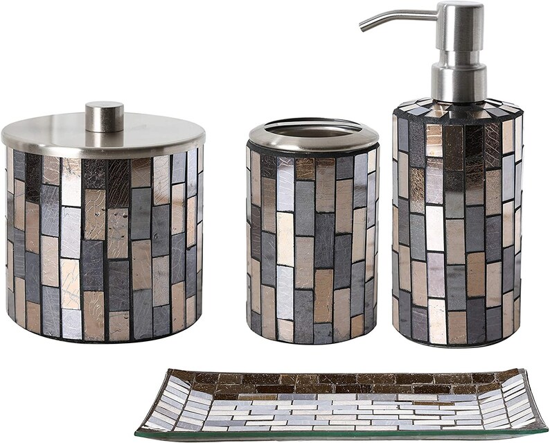 4PC Black&Gold Mosaic Glass Bathroom Accessories Set with Etsy