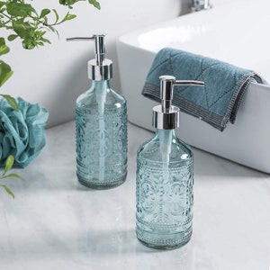 Bathroom Accessory Embossed Glass Soap/Lotion Dispenser Bottle Set of 2