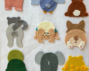 Whose bum felt game, animal felt, Felt Stories, flannel board Story, Felt story, Felt animals, teacher resource, children resource,