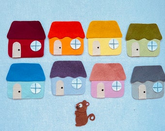 Mouse hide and seek game, felt story, felt stories, find the mouse behind the house, colour game, game, preschool game, circle time,