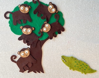 5 Little Monkeys Swinging in the Trees, Felt Story, Flannel Board Stories, Circle Time, Nursery Rhyme, Handmade, Children Resources, Felts