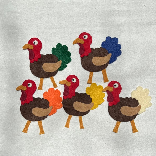 5 little turkeys felt set, thanksgiving, felt stories, felt turkey, thanksgiving song, fall felt song, flannel board story, handmade
