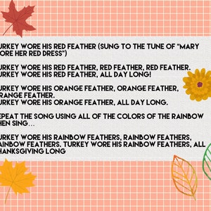 Pu&ograve; includere: Un poster educativo a tema Ringraziamento con uno sfondo a griglia color pesca. Il testo recita "Turkey Wore His Red Feather" e continua con il testo di una canzone su un tacchino che indossa piume di diversi colori. Sono incluse foglie d'autunno decorative e un fiore.