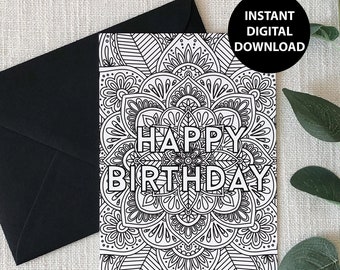 Happy Birthday, Coloring Card, Mandala, Printable, Digital Download, Greeting Card, PDF