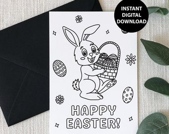 Happy Easter, Colouring Card, Bunny, Easter Egg, Spring, DIY, Printable Greeting Card, Digital Download, PDF