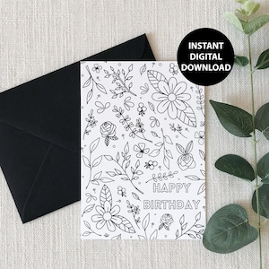 Joyeux anniversaire, carte de coloriage, floral, imprimable, téléchargement numérique, carte de voeux, PDF