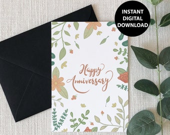 Happy Anniversary, Floral, Couples, Printable, Greeting Card, Digital Download, PDF