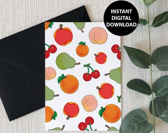 Cute Town Fruit, Blank Greeting Card, Printable, Peaches, Cherries, Pears, Digital Download, PDF