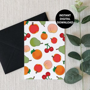 Cute Town Fruit, Blank Greeting Card, Printable, Peaches, Cherries, Pears, Digital Download, PDF