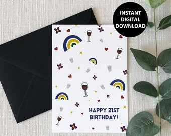 Happy 21st Birthday, Shot glass, Wine Glass, Printable, Digital Download Greeting Card, PDF