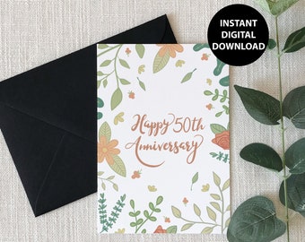 Happy 50th Anniversary, Floral, Printable, Greeting Card, Digital Download, PDF