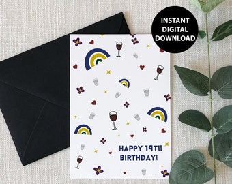 Happy 19th Birthday, Wine Glass, Shot glass, Printable, Digital Download, Greeting Card, PDF
