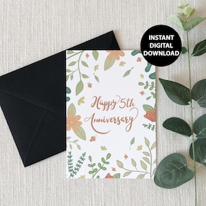 5周年おめでとう、花柄、印刷可能、グリーティング カード、デジタル ダウンロード、PDF