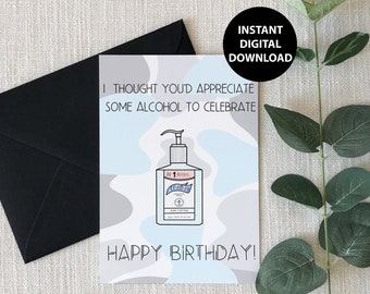 Happy Birthday, Hand Sanitizer, Quarantine, Printable, Greeting Card, PDF