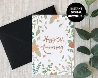 Happy 5th Anniversary, Floral, Printable, Greeting Card, Digital Download, PDF