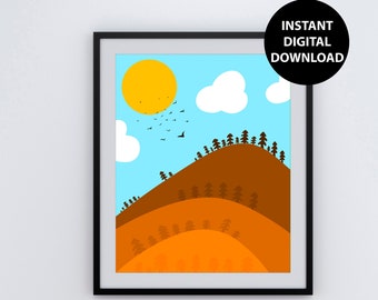 Kids Room, Mountain Landscape, Mid Century Modern, Funky Wall Art, Burnt Orange, Printable, 8x10", Digital Download Print, PDF