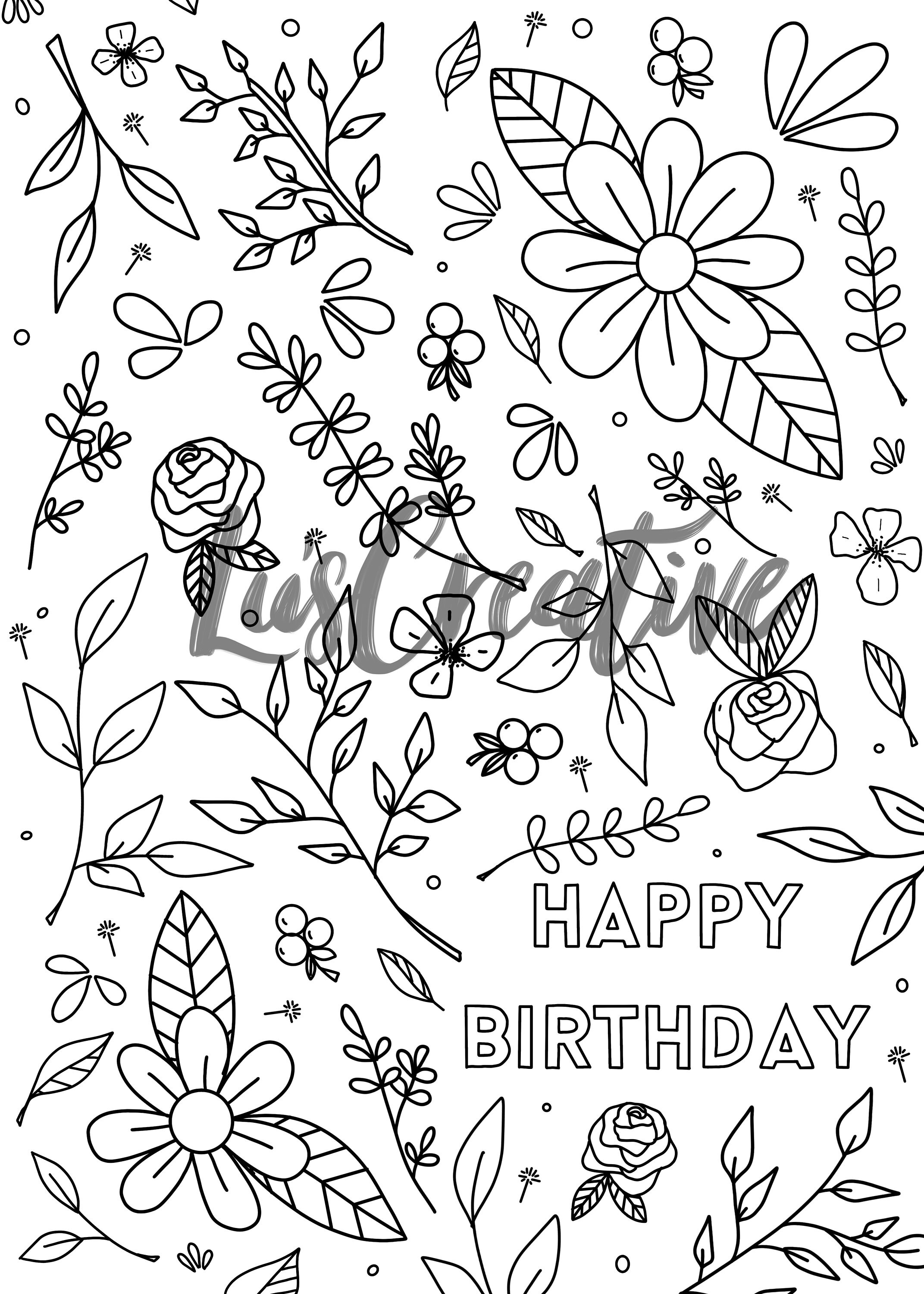 Happy Birthday Coloring Card Floral Printable Digital Etsy