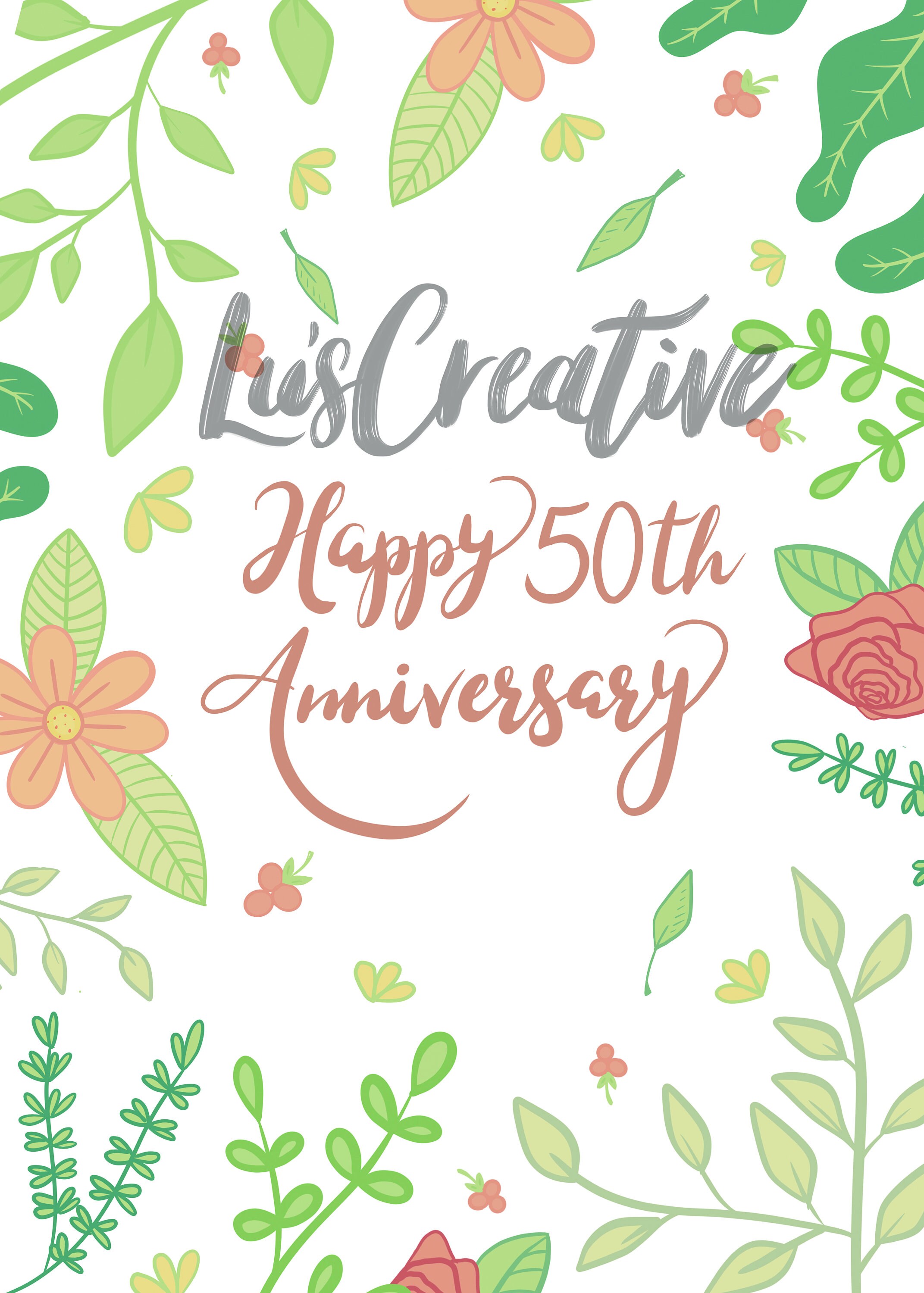 Happy 50th Anniversary, Floral, Printable, Greeting Card, Digital ...