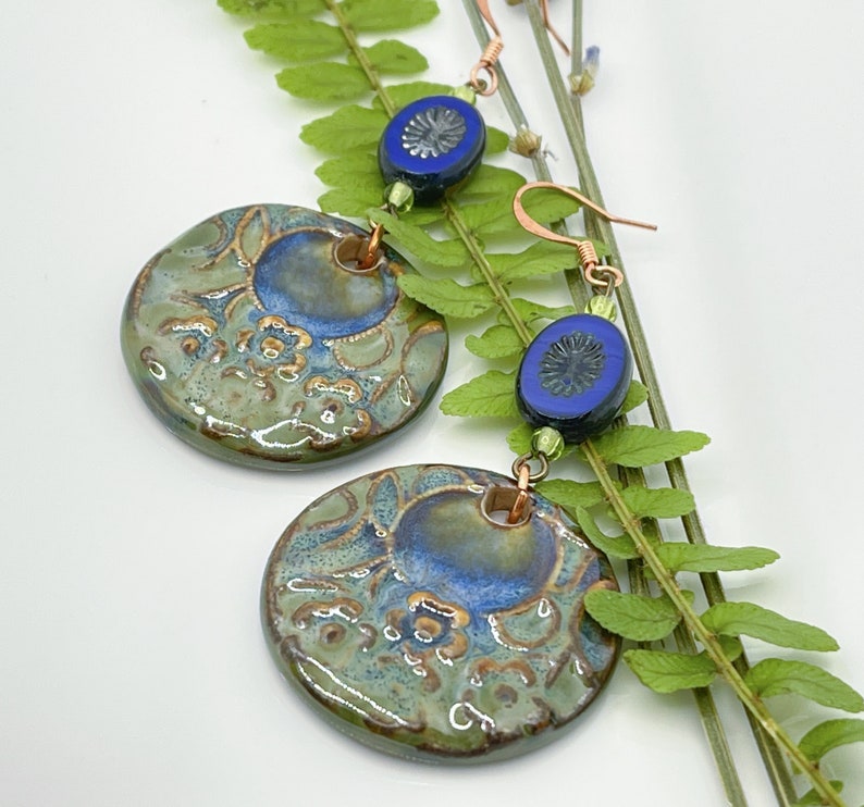 Blue Floral Spain Floral Stone Bliss Unique Green Ceramic; Dangle; Floral; Czech glass; Bohemian
