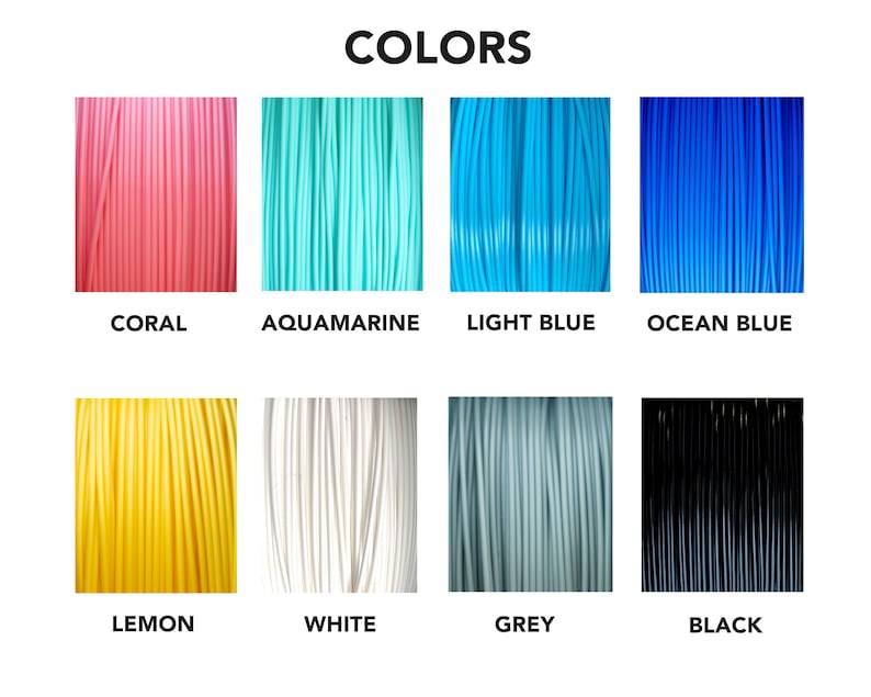 May include: A collection of eight different colored filament spools for 3D printing. The colors are coral, aquamarine, light blue, ocean blue, lemon, white, grey, and black.