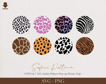 8 Safari Pattern for Pin, Button, Pop-Up Phone Grip Sublimation Templates-Set, Printable Circle Digital Collage PNG, SVG Active