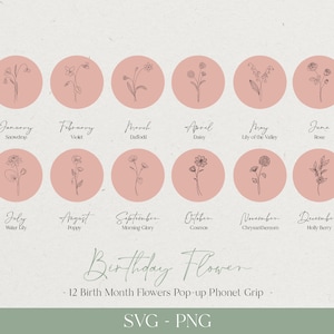 Può includere: Un set di 12 illustrazioni floreali che rappresentano ogni mese dell'anno. Ogni fiore è disegnato in contorno nero su un cerchio rosa con il mese e il nome del fiore scritti sotto. Il testo "Birthday Flower - 12 Birth Month Flowers Pop-up Phone Grip - SVG - PNG" è in fondo all'immagine.