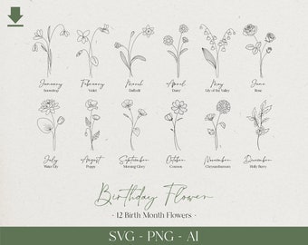 12 Birth Month Flowers Svg, Floral Svg Bundle, Birthday Flower, Flower Clipart, flower svg, Cricut, Silhouette flower