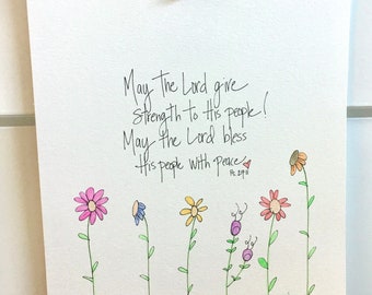 Psalm 29:11 - handmade watercolor Scripture art- Lord give strength and bless with peace - Bible verse - Bible wall art - original