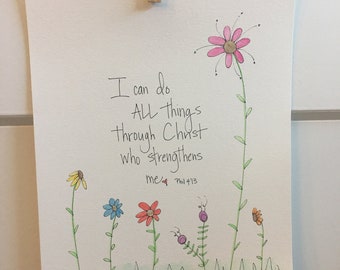 Philippians 4:13 - handmade watercolor Scripture art- I can do all things through Christ - Bible verse - Bible wall art - original