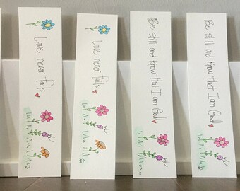 Be still and know that I am God & Love never fails handmade watercolor Scripture bookmarks