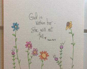 Psalm 46:5 - handmade watercolor Scripture art - God is within her, she will not fall - Bible verse - Bible wall art - original