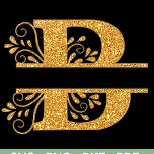 May include: Gold glitter split monogram letter D with a floral design. SVG, PNG, DXF, and PDF cut files from Digital Life Guru.