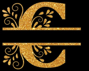 C-Gold Glitter Split Alphabet, C monogram, C letter, SVG, DXF Downloadable File /Monogram