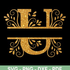 U-Gold Glitter Split Alphabet SVG, U monogram,  U letter,  DXF Downloadable File /Monogram