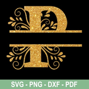 May include: Gold glitter letter D with a decorative floral design. SVG, PNG, DXF, and PDF cut files from Digital Life Guru.