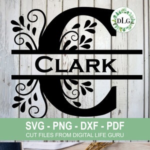 Op de afbeelding: Zwart-wit SVG-snijbestand ontwerp van de letter C met bloemversieringen en de naam "CLARK" gesplitst door een horizontale lijn.