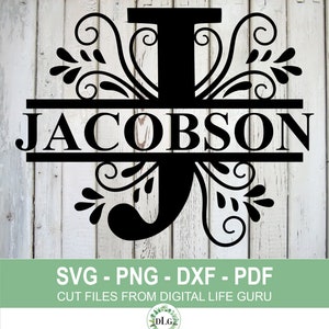 May include: Black and white SVG cut file design of the name "JACOBSON" with a decorative floral design around the letter "J".