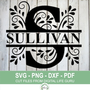 May include: Black monogram design featuring the name "SULLIVAN" split by a horizontal line, with the letter "S" above and below. The design includes decorative floral elements. Below the design is the text "SVG - PNG - DXF - PDF".