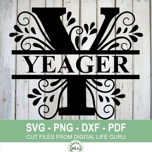 May include: Black and white monogram design featuring the letter Y with decorative flourishes and the name "YEAGER" centered below the letter. The design is on a white wood background.